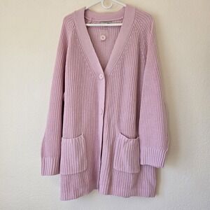 Woman Within Plus Sz 2XL Button Front Shaker Cardigan Pink Pockets Feminine Cozy